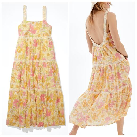 American Eagle Women’s Yellow Floral Boardwalk Tiered Maxi Dress XXL Sundress - Picture 1 of 7